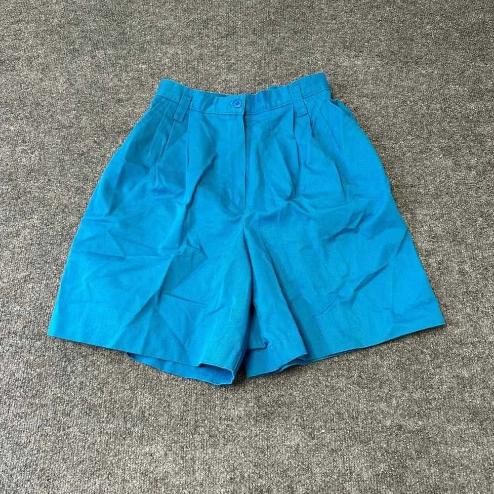 Vintage Shorts Womens Size 26 Teal Blue Pleated High Waist Elastic Back Casual